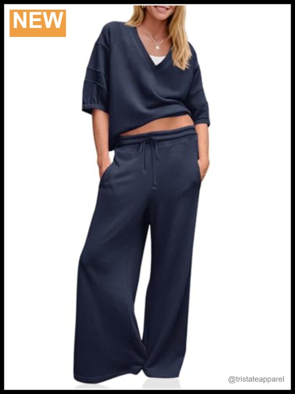 Womens 2 Piece Outfit V Neck Shirt Wide Leg Pants Loose Workout Tracksuit Set